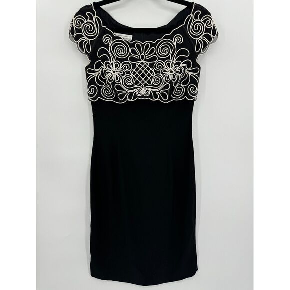 SCOTT MCCLINTOCK Vintage Black White Mesh Ornate Lace Crepe Sheath Dress Size 8 - Picture 1 of 4